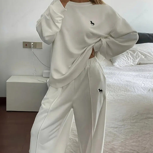 Women's Embroidered Long-Sleeve Crewneck Tops ＆ Pants 2-Piece Set