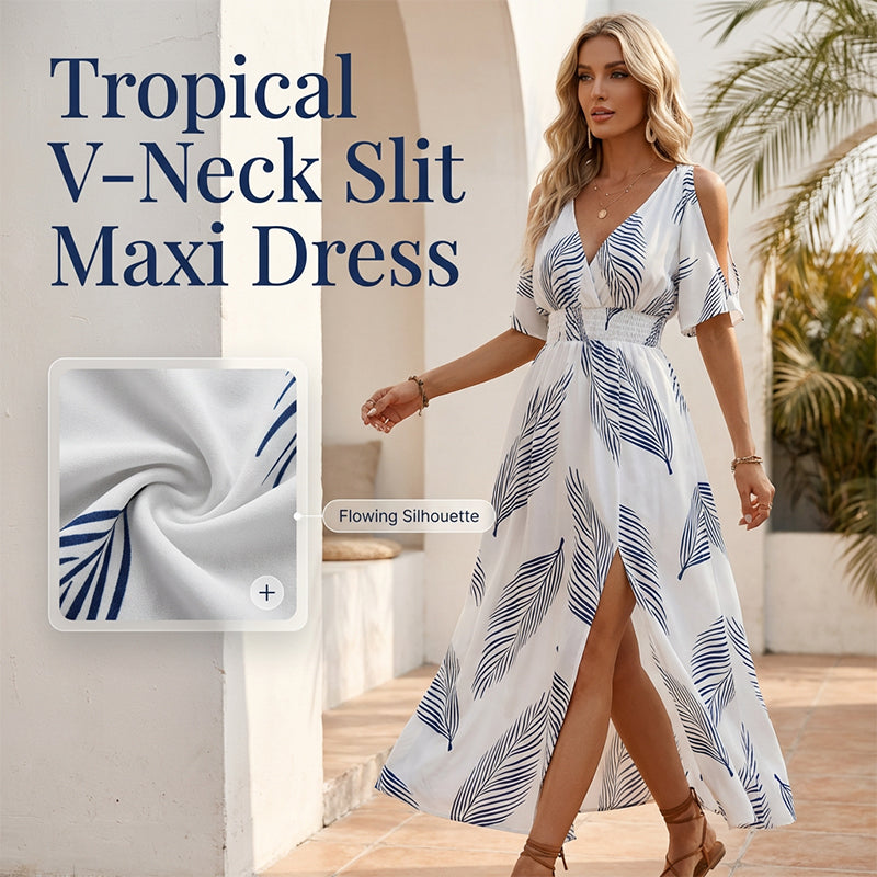 👗 50% OFF NOW! 🌞Cold Shoulder Tropical Print Split Maxi Dress