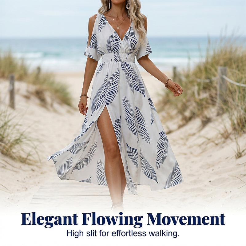 👗 50% OFF NOW! 🌞Cold Shoulder Tropical Print Split Maxi Dress