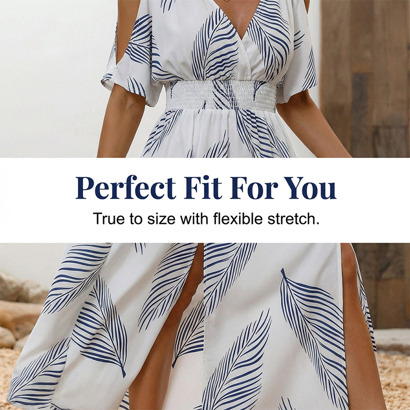 👗 50% OFF NOW! 🌞Cold Shoulder Tropical Print Split Maxi Dress