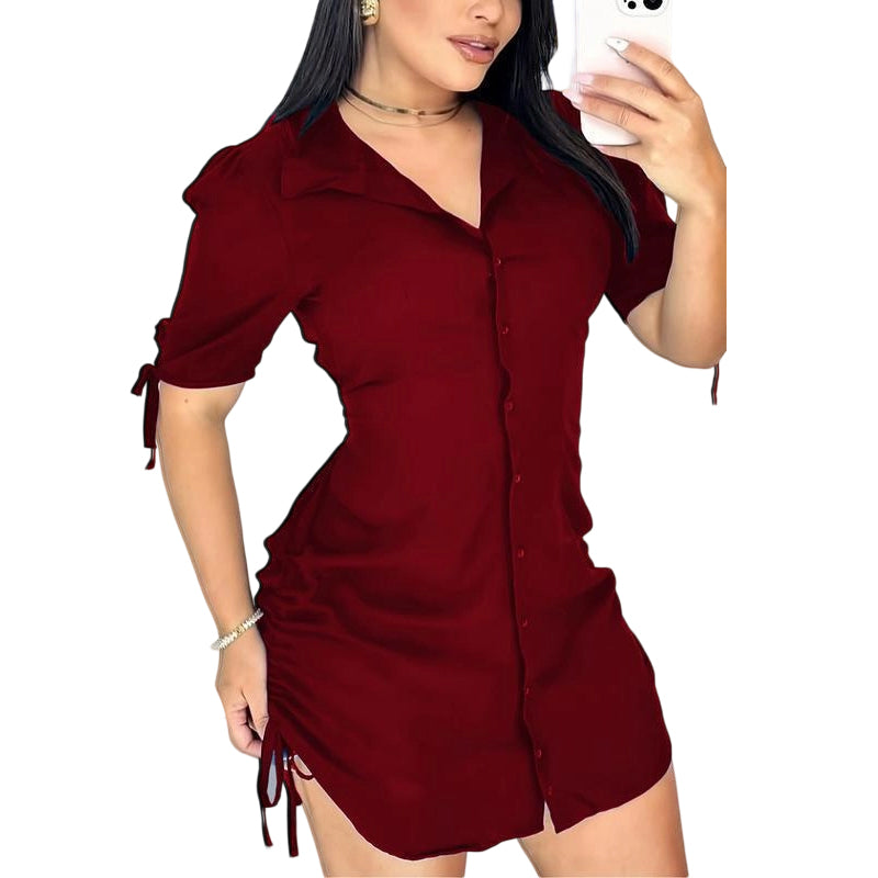 Women's Short Sleeve Button-Down Ruched Shirt Dress
