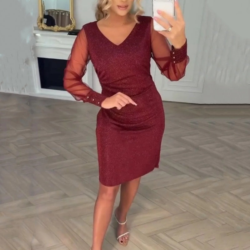 Women's V-Neck Glitter Dress with Sheer Sleeves