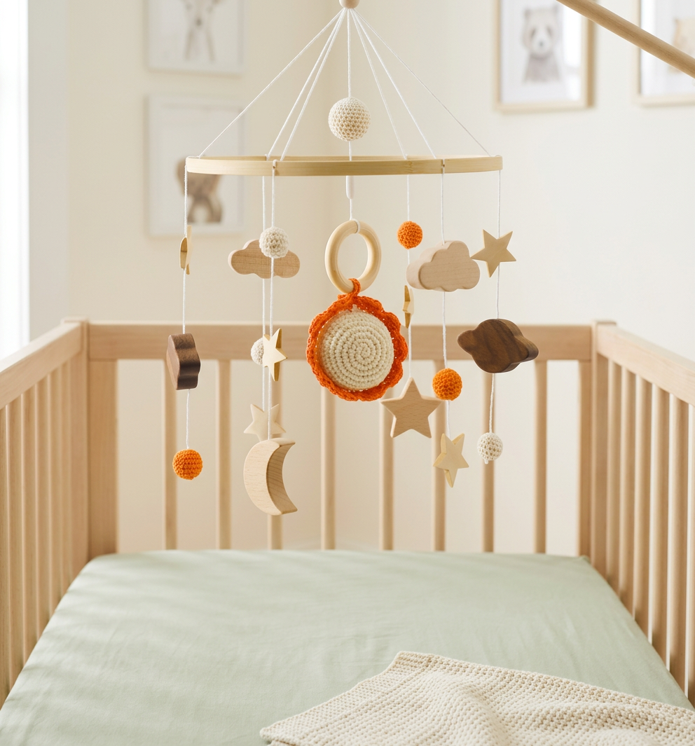 Handmade Wooden Baby Crib Mobile with Crochet Pendants – Soothing Bed Toy for Newborns