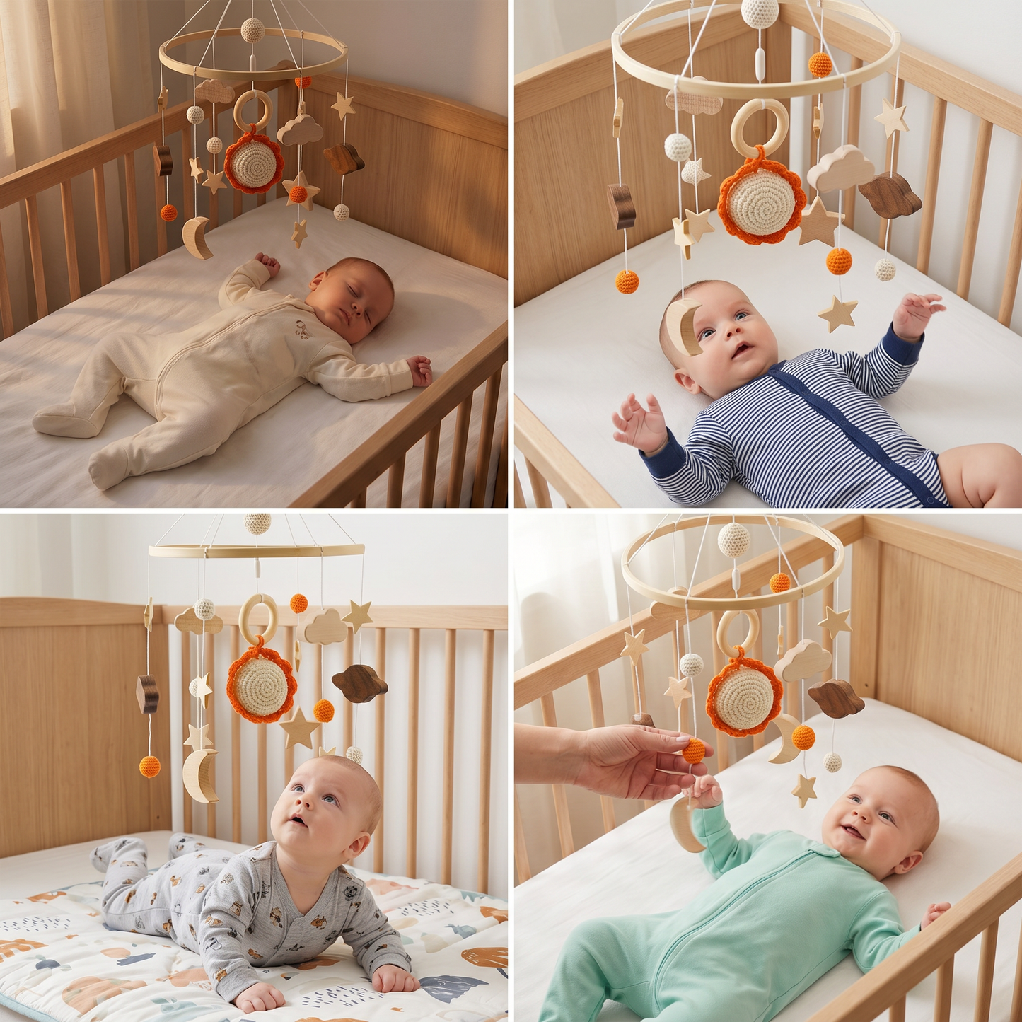 Handmade Wooden Baby Crib Mobile with Crochet Pendants – Soothing Bed Toy for Newborns