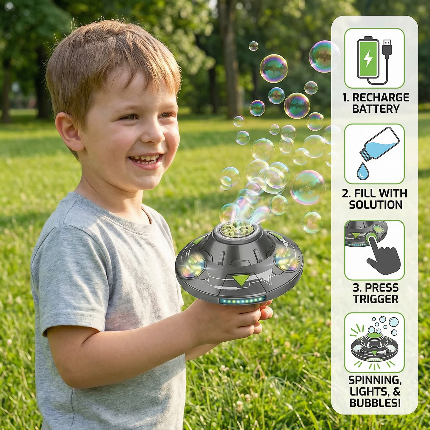 Light-Up UFO Bubble Machine for Kids – Rechargeable Spinning Bubble Blaster with LED Effects