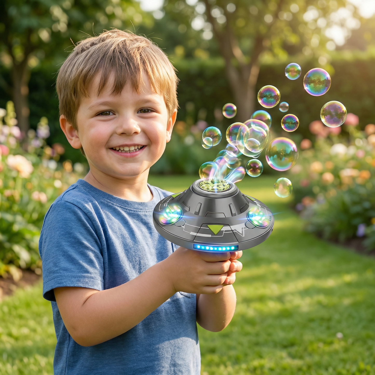 Light-Up UFO Bubble Machine for Kids – Rechargeable Spinning Bubble Blaster with LED Effects