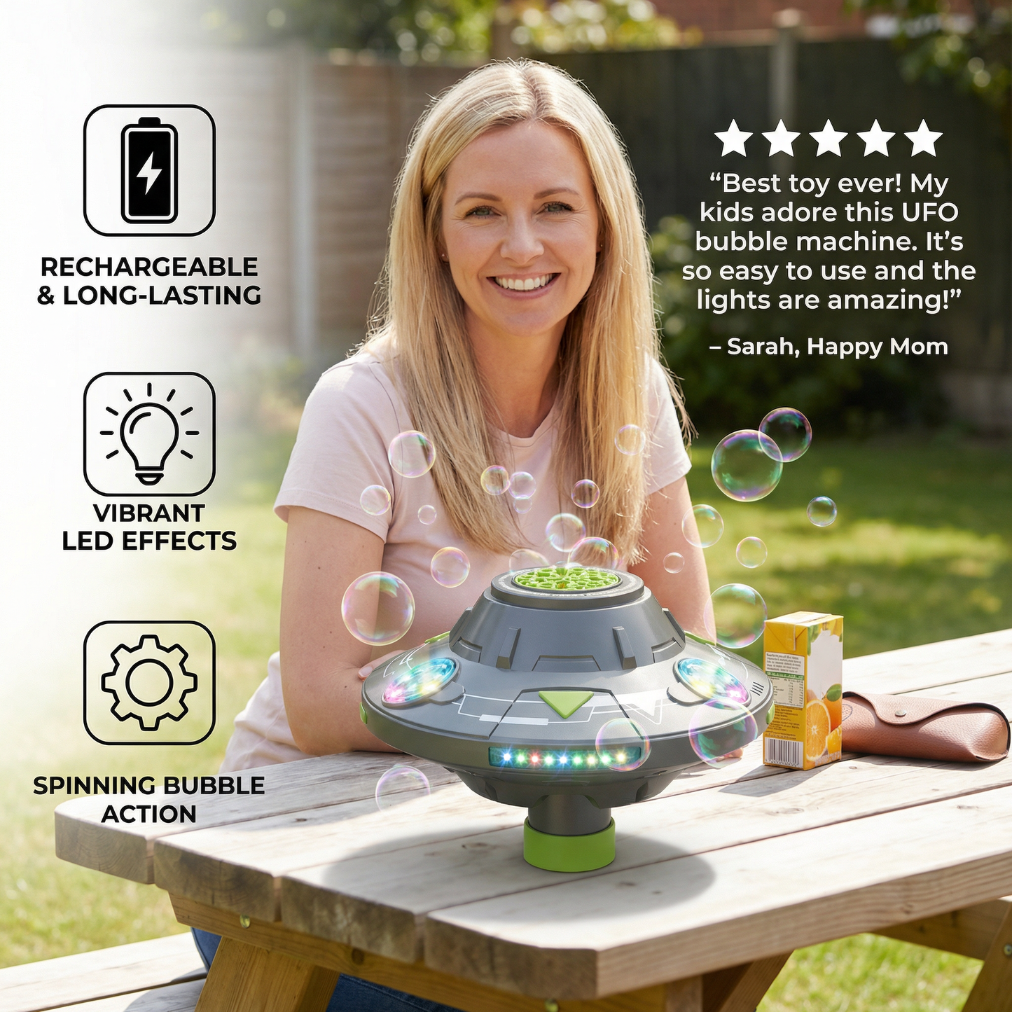 Light-Up UFO Bubble Machine for Kids – Rechargeable Spinning Bubble Blaster with LED Effects