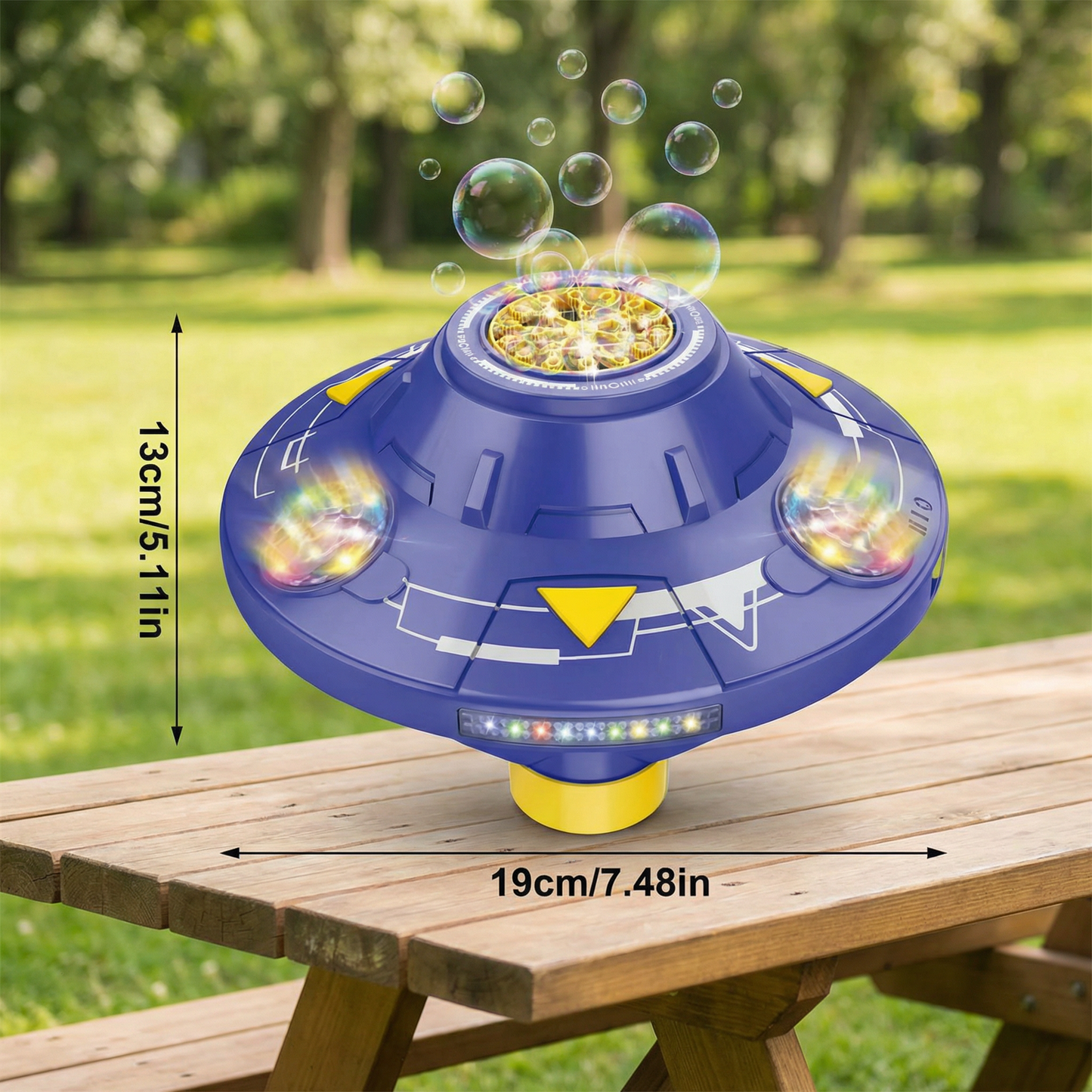 Light-Up UFO Bubble Machine for Kids – Rechargeable Spinning Bubble Blaster with LED Effects