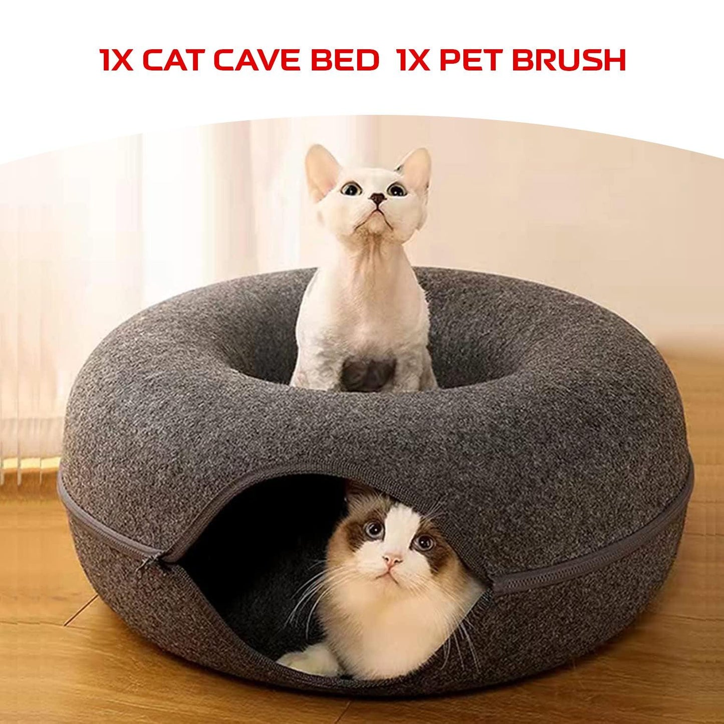 Cat Tunnel Bed - Natural Felt Pet Cat Cave Nest Round House Donut Interactive Toy