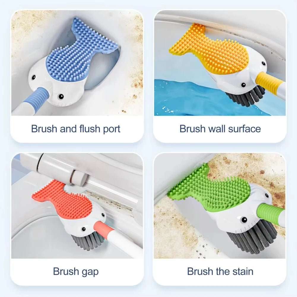 Whale-Shaped 360° Toilet Brush with Silicone Head & Wall-Mounted Holder