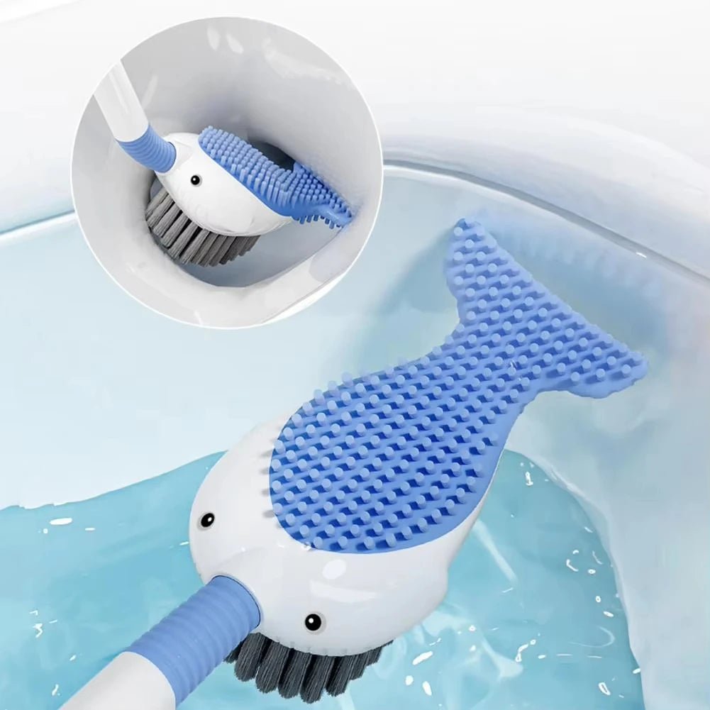 Whale-Shaped 360° Toilet Brush with Silicone Head & Wall-Mounted Holder