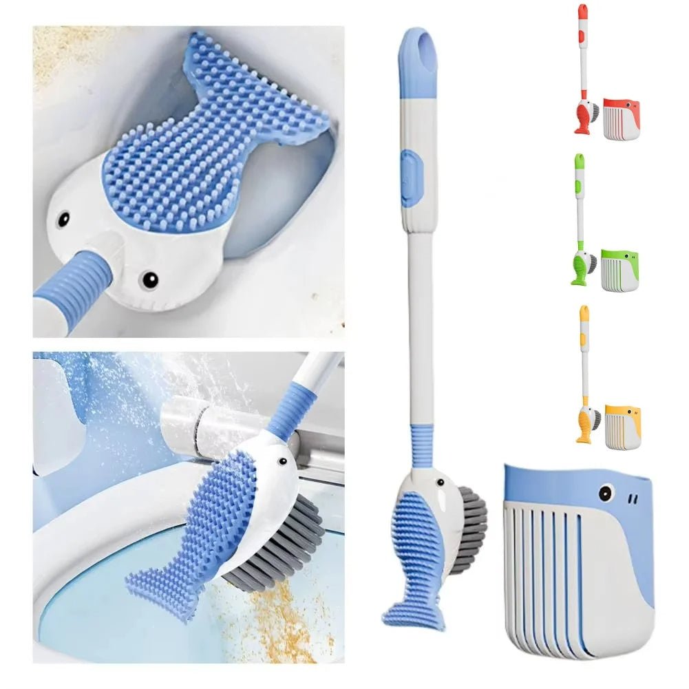 Whale-Shaped 360° Toilet Brush with Silicone Head & Wall-Mounted Holder